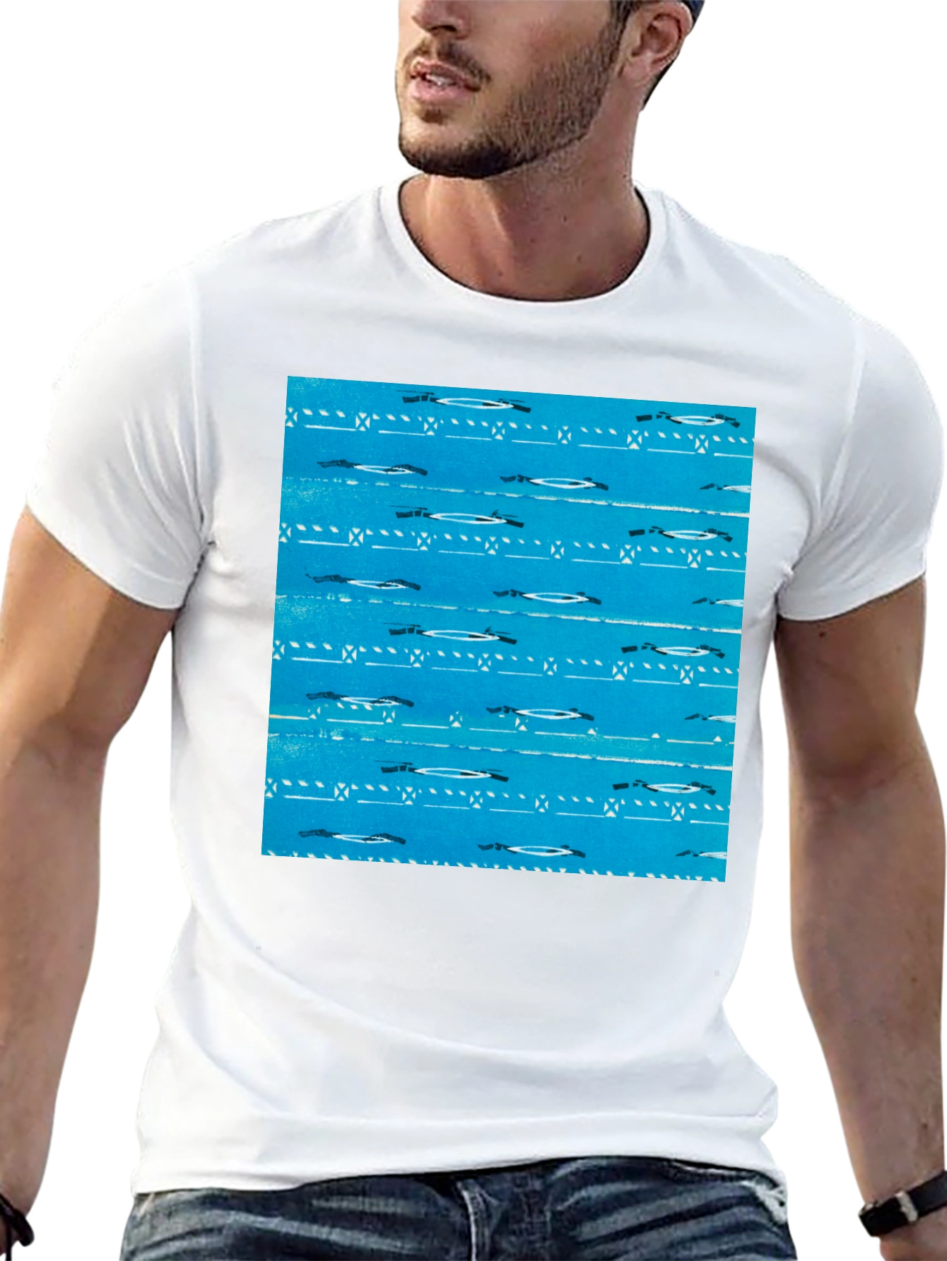 Retro Blue Patterned Black T-Shirt