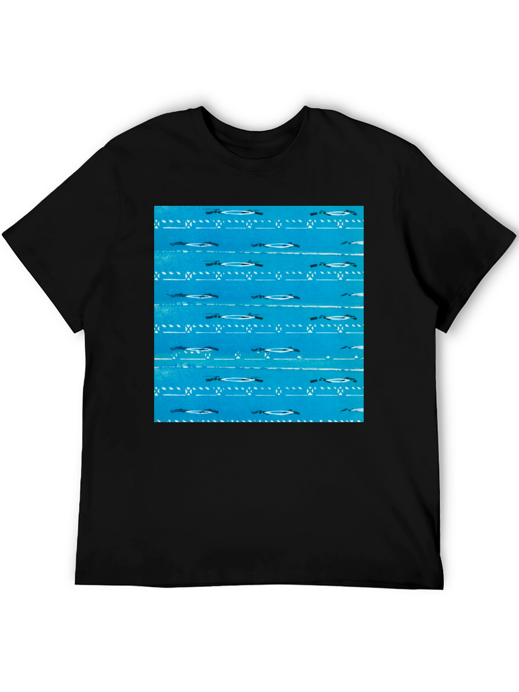 Retro Blue Patterned Black T-Shirt
