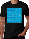 Retro Blue Patterned Black T-Shirt