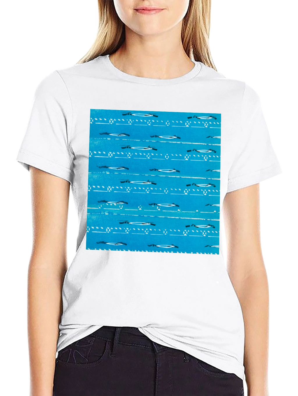 Retro Blue Patterned Black T-Shirt