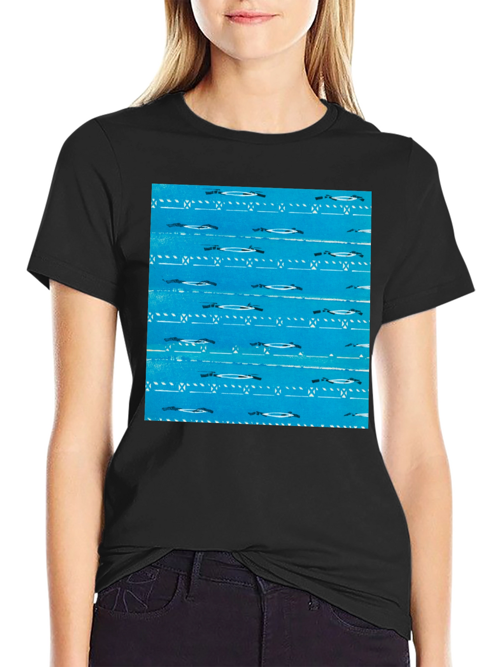 Retro Blue Patterned Black T-Shirt