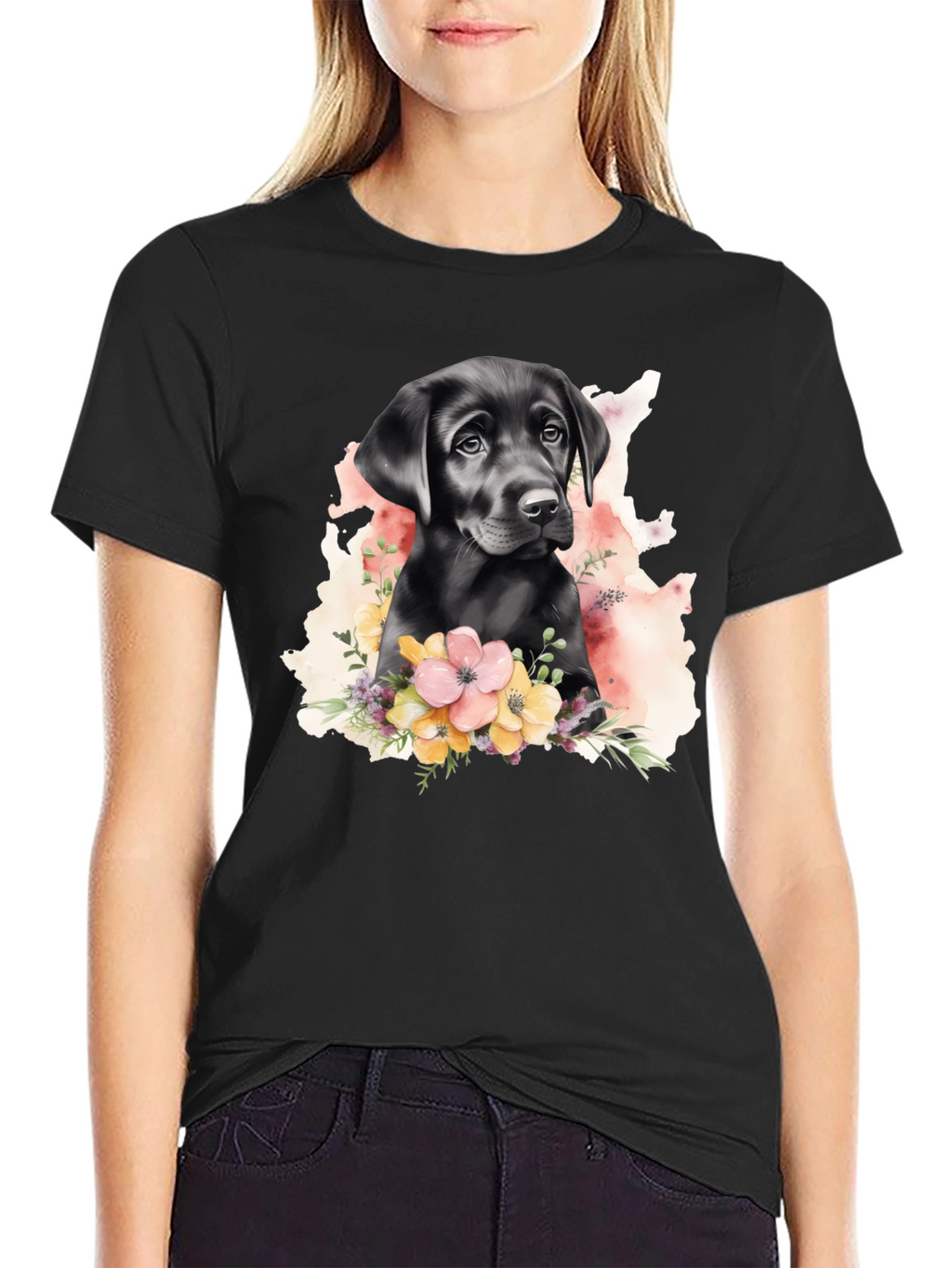 Labrador Puppy Floral T-Shirt - Black