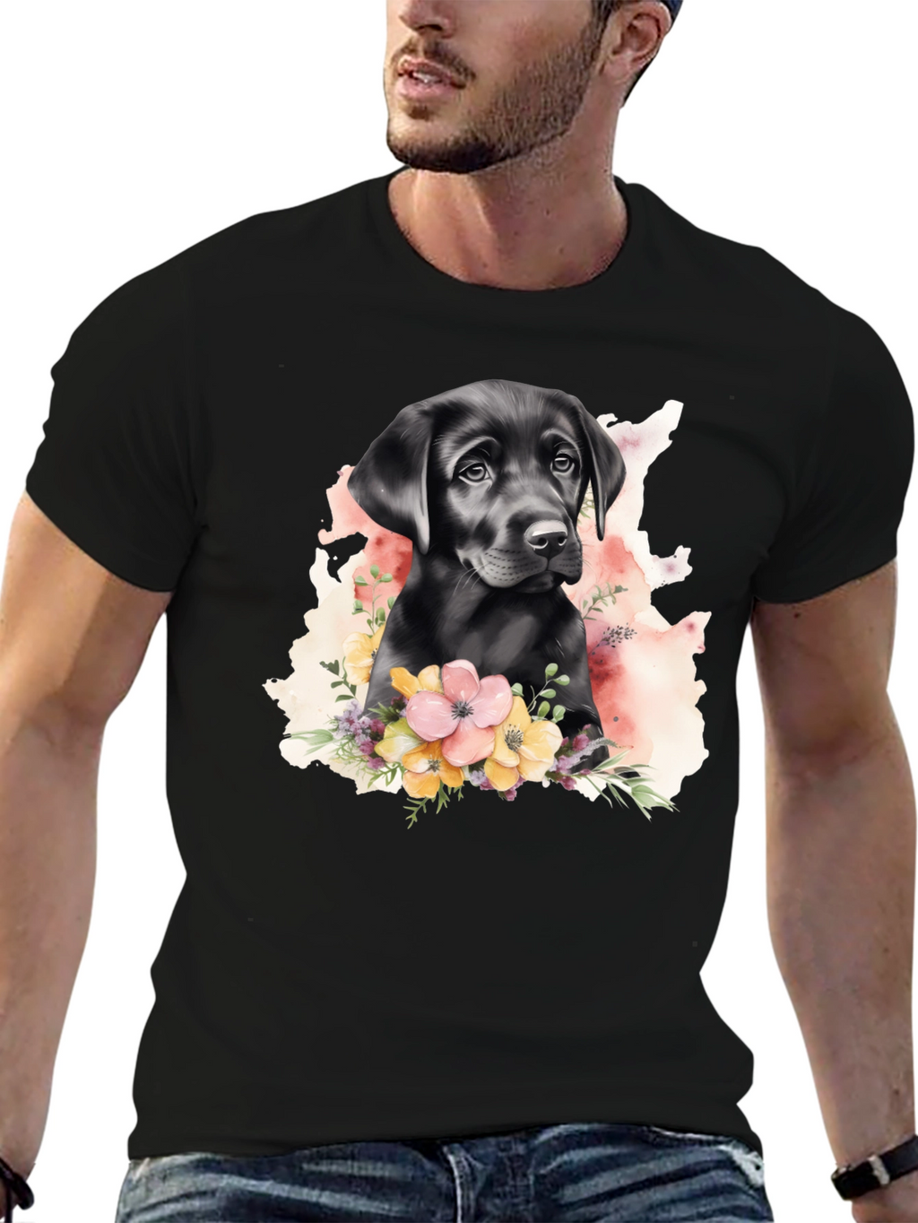 Labrador Puppy Floral T-Shirt - Black