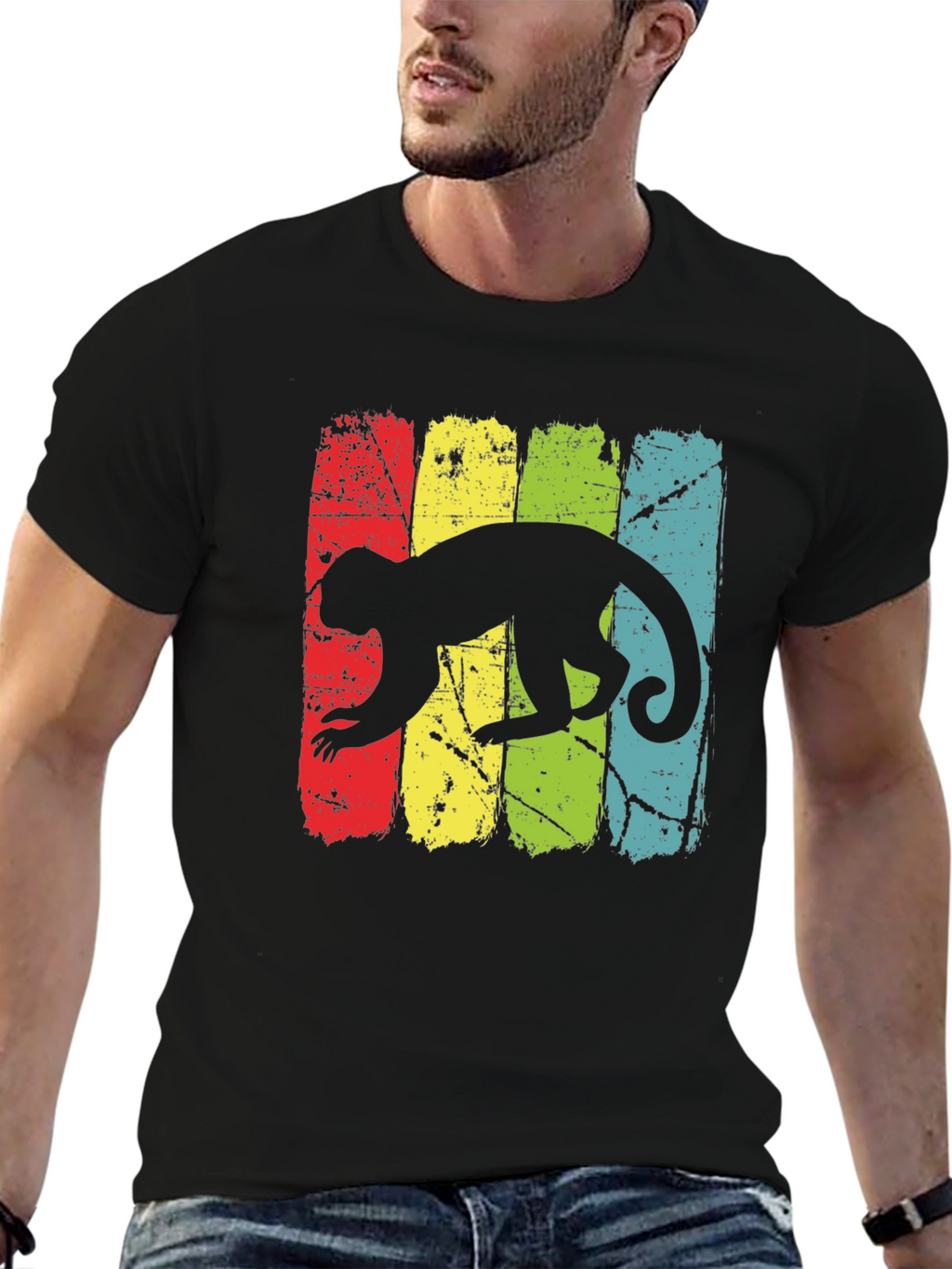 Retro Monkey Graphic Tee - Black Cotton T-Shirt