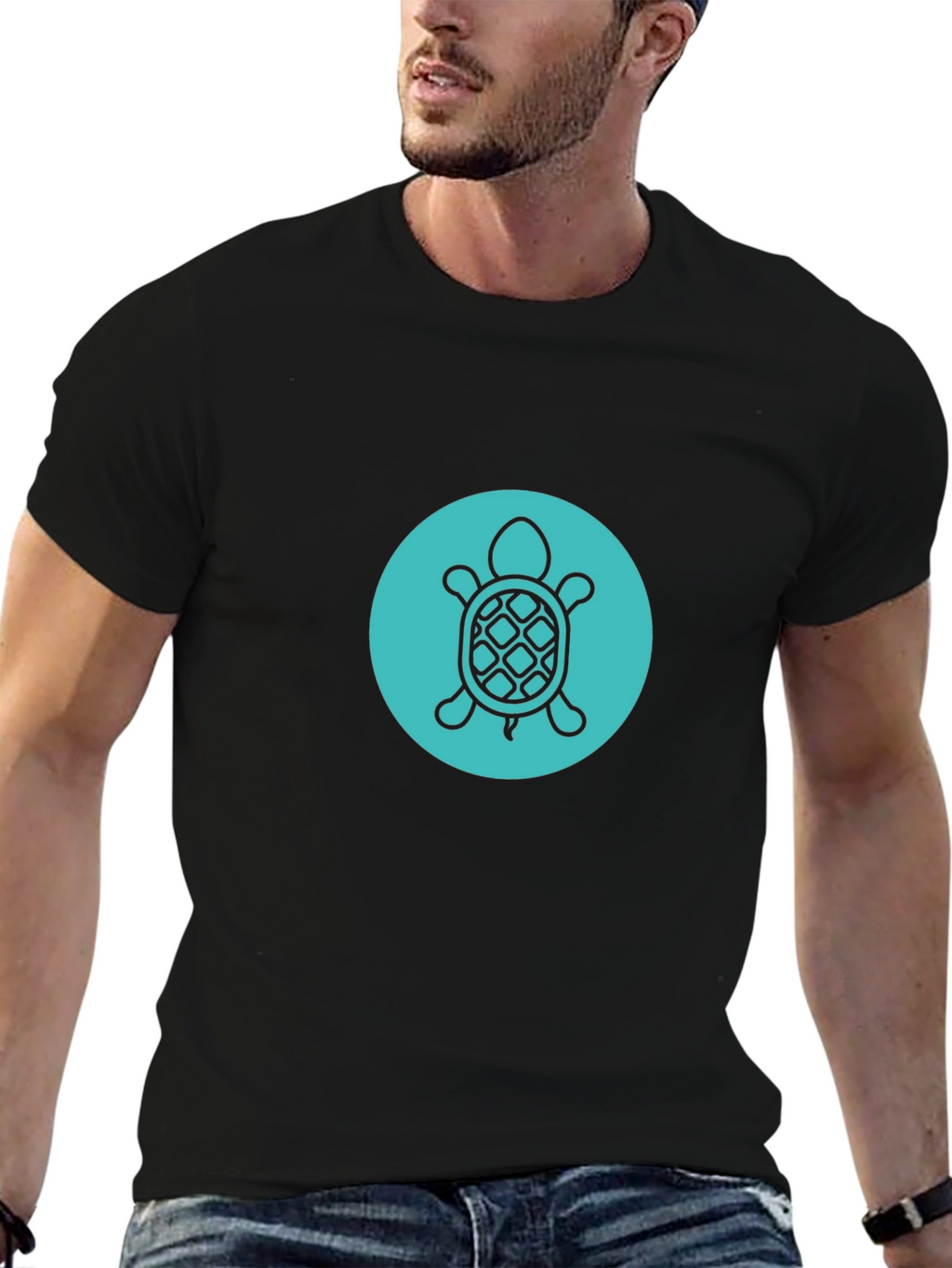 Turtle Graphic Tee - Black Crew Neck Comfort