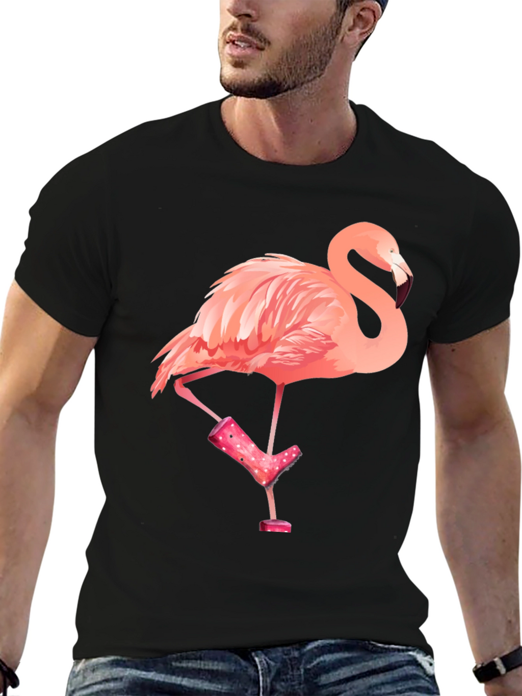 Flamingo in Boots Mens Graphic Tee - Black