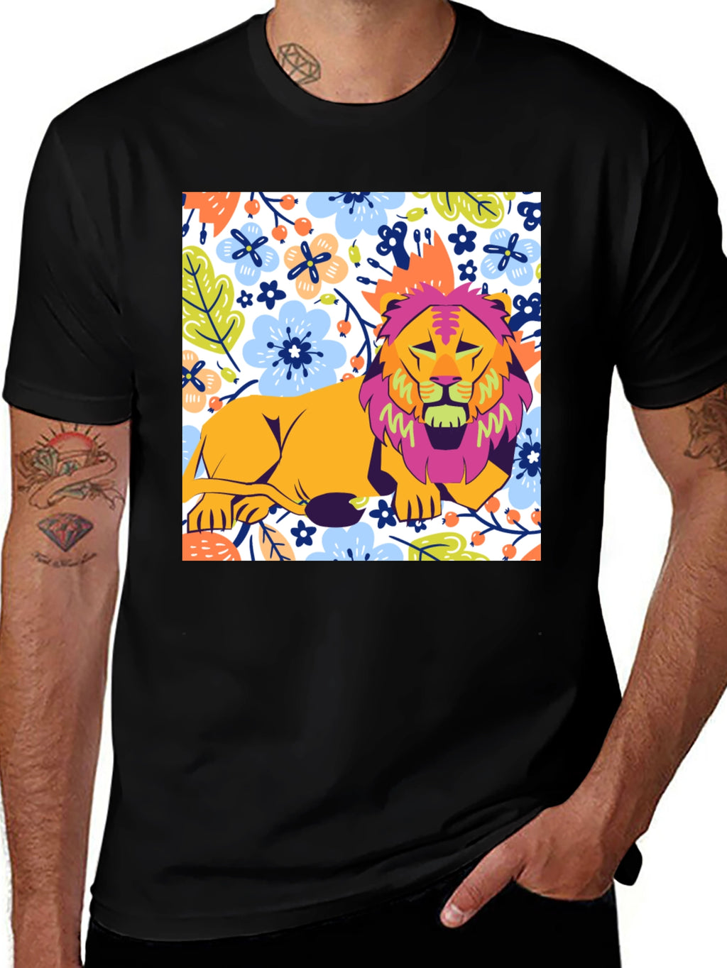 Floral Lion Graphic T-Shirt - Stylish Mens Tee