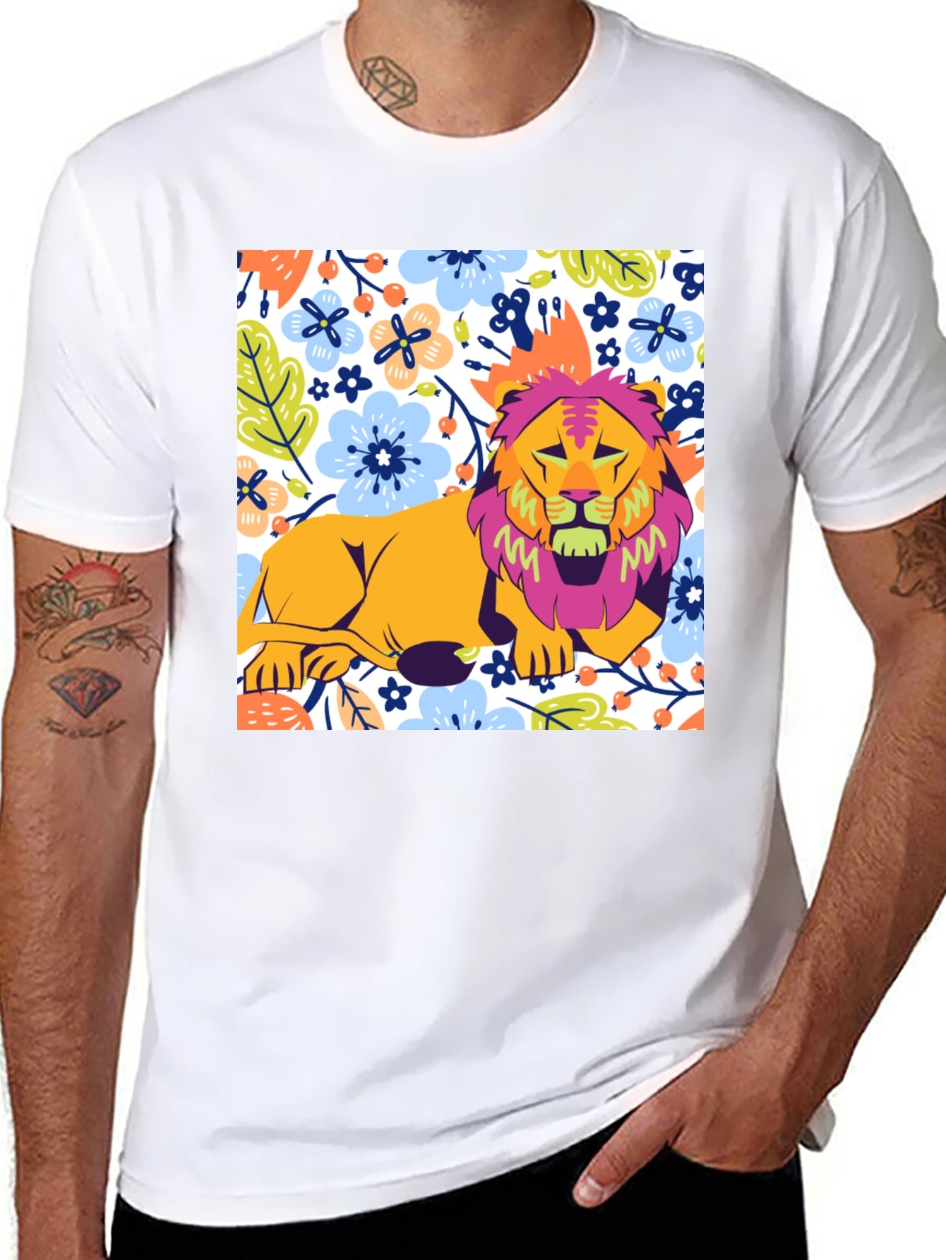 Floral Lion Graphic T-Shirt - Stylish Mens Tee