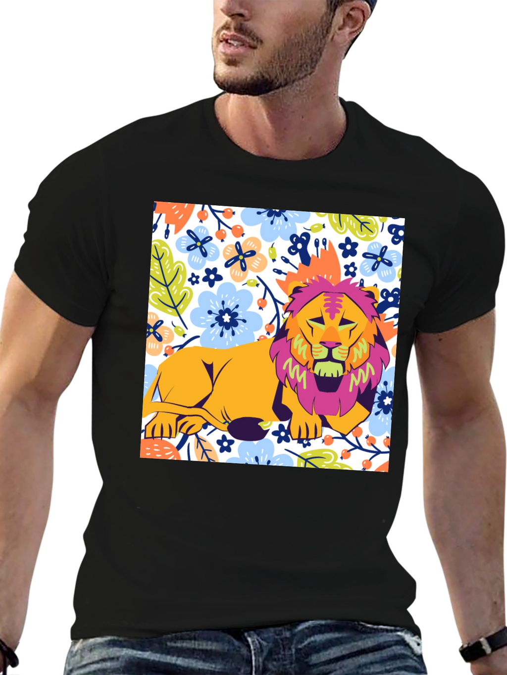 Floral Lion Graphic T-Shirt - Stylish Mens Tee