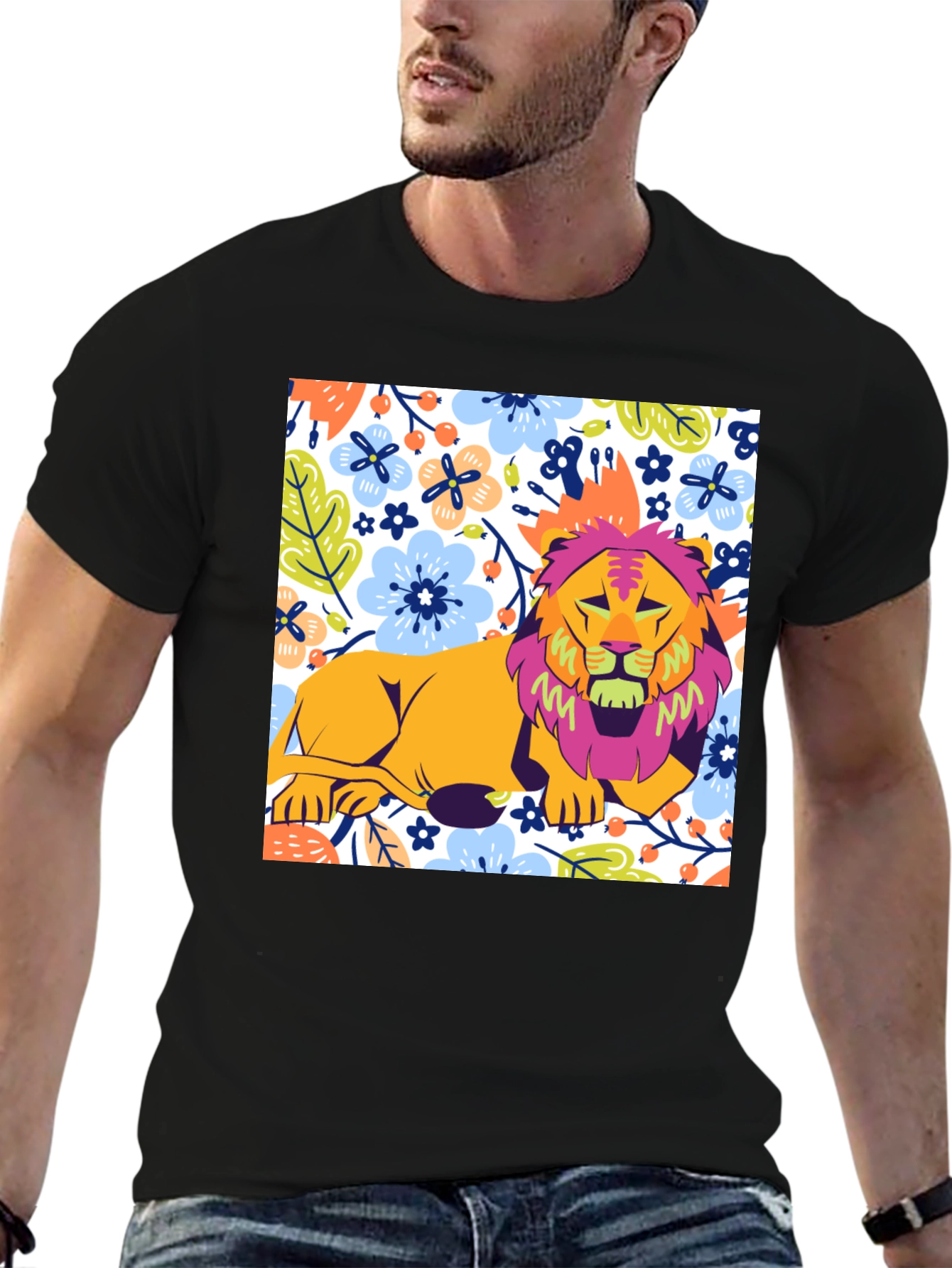 Floral Lion Graphic T-Shirt - Stylish Mens Tee