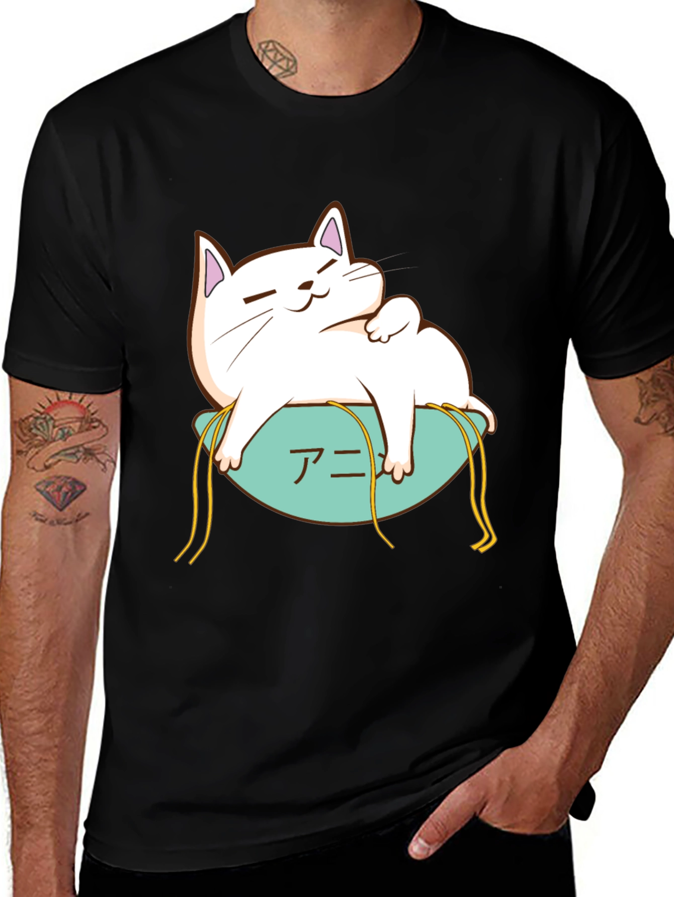 Cute Cat Anime T-Shirt - Black
