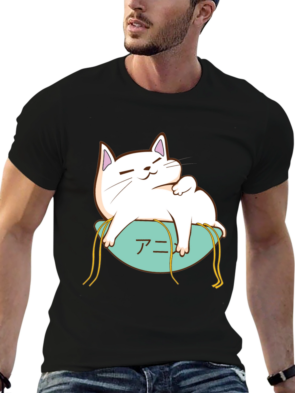 Cute Cat Anime T-Shirt - Black