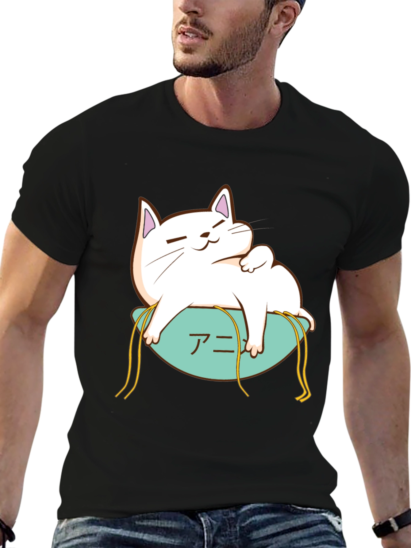 Cute Cat Anime T-Shirt - Black
