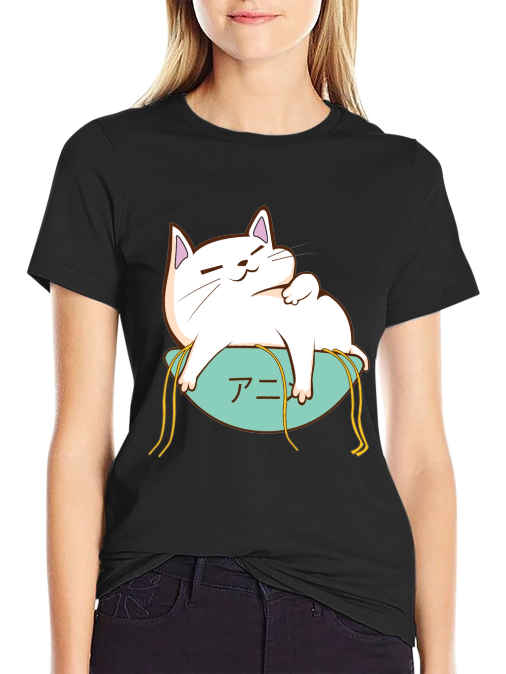 Cute Cat Anime T-Shirt - Black
