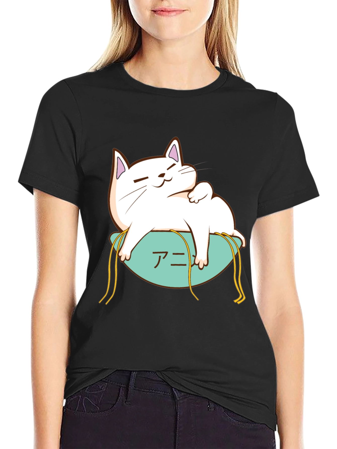 Cute Cat Anime T-Shirt - Black