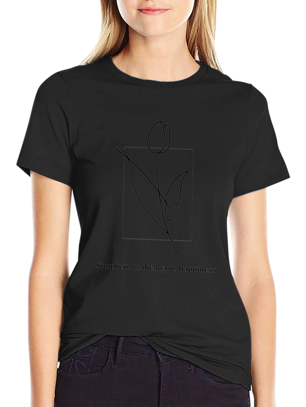Minimalist Tulip Line Art Black T-Shirt
