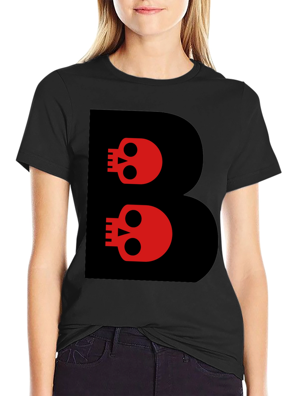 Skull Letter B Graphic Tee - Black Cotton T-Shirt
