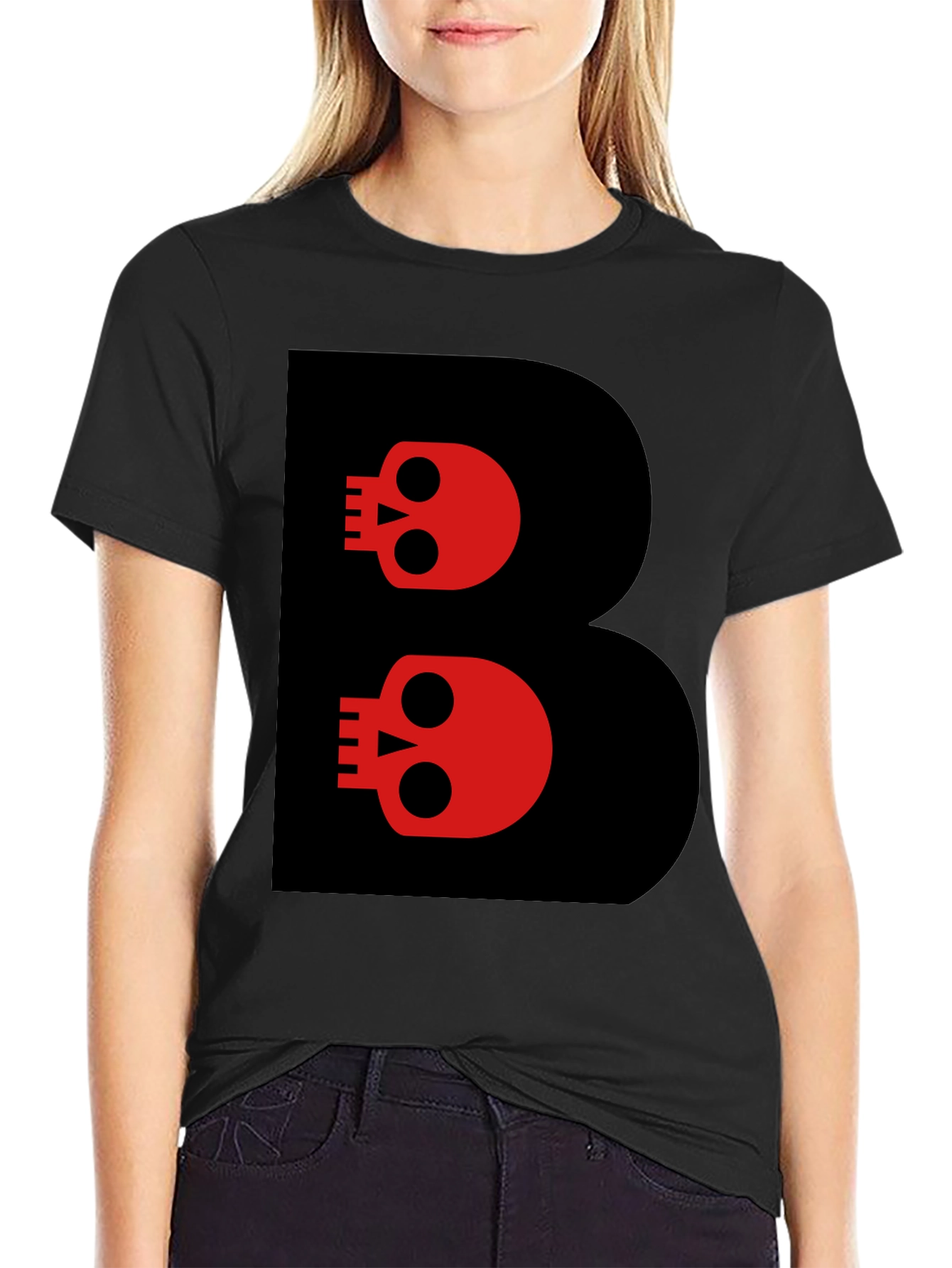 Skull Letter B Graphic Tee - Black Cotton T-Shirt
