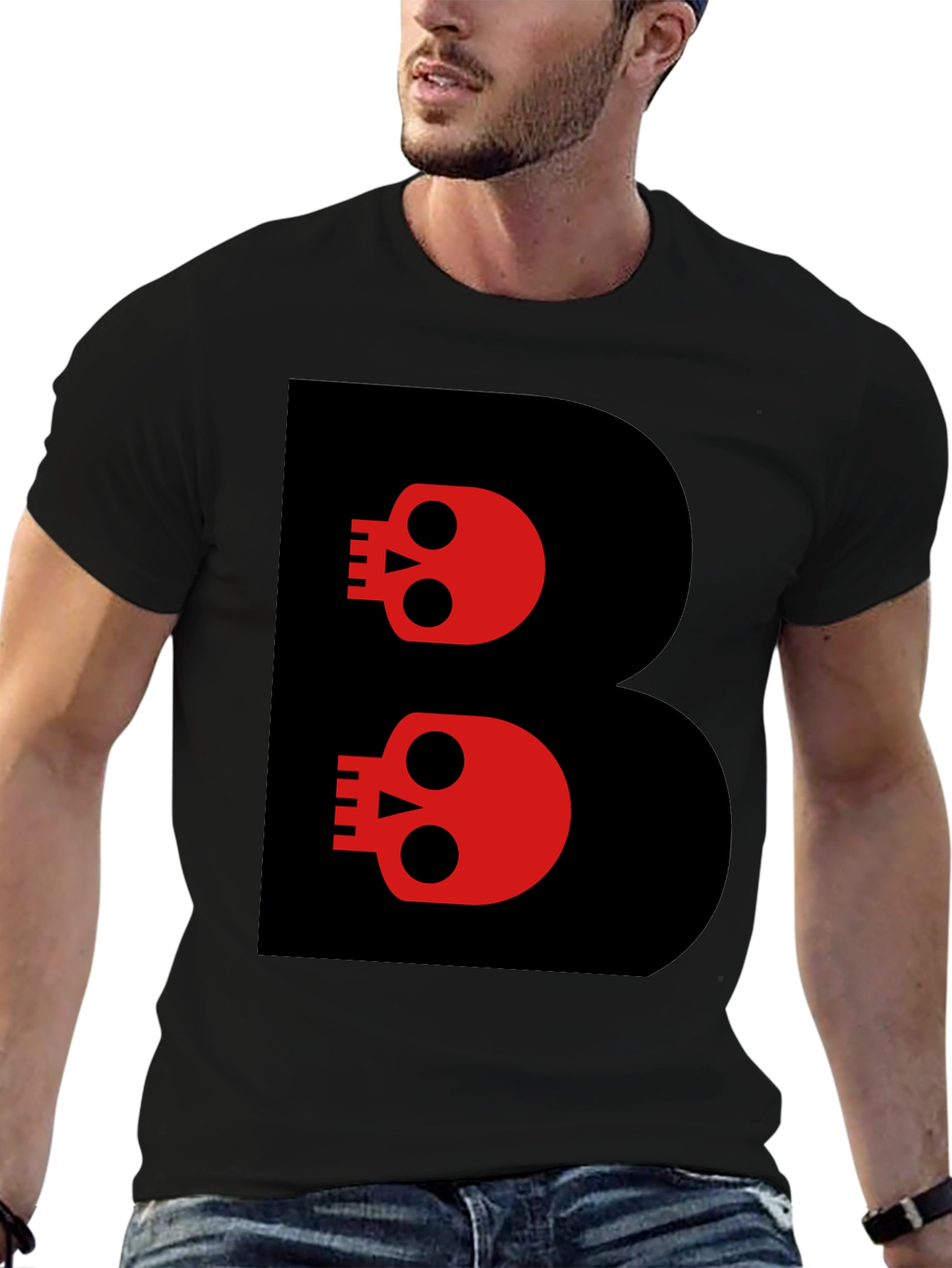 Skull Letter B Graphic Tee - Black Cotton T-Shirt