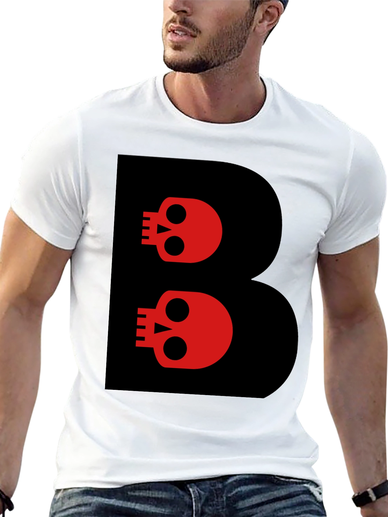 Skull Letter B Graphic Tee - Black Cotton T-Shirt