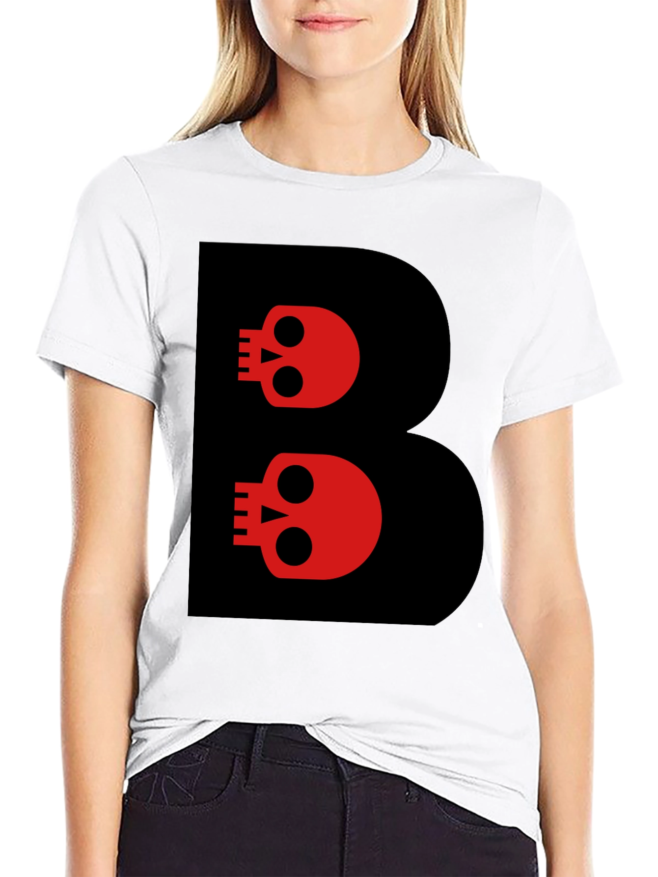 Skull Letter B Graphic Tee - Black Cotton T-Shirt
