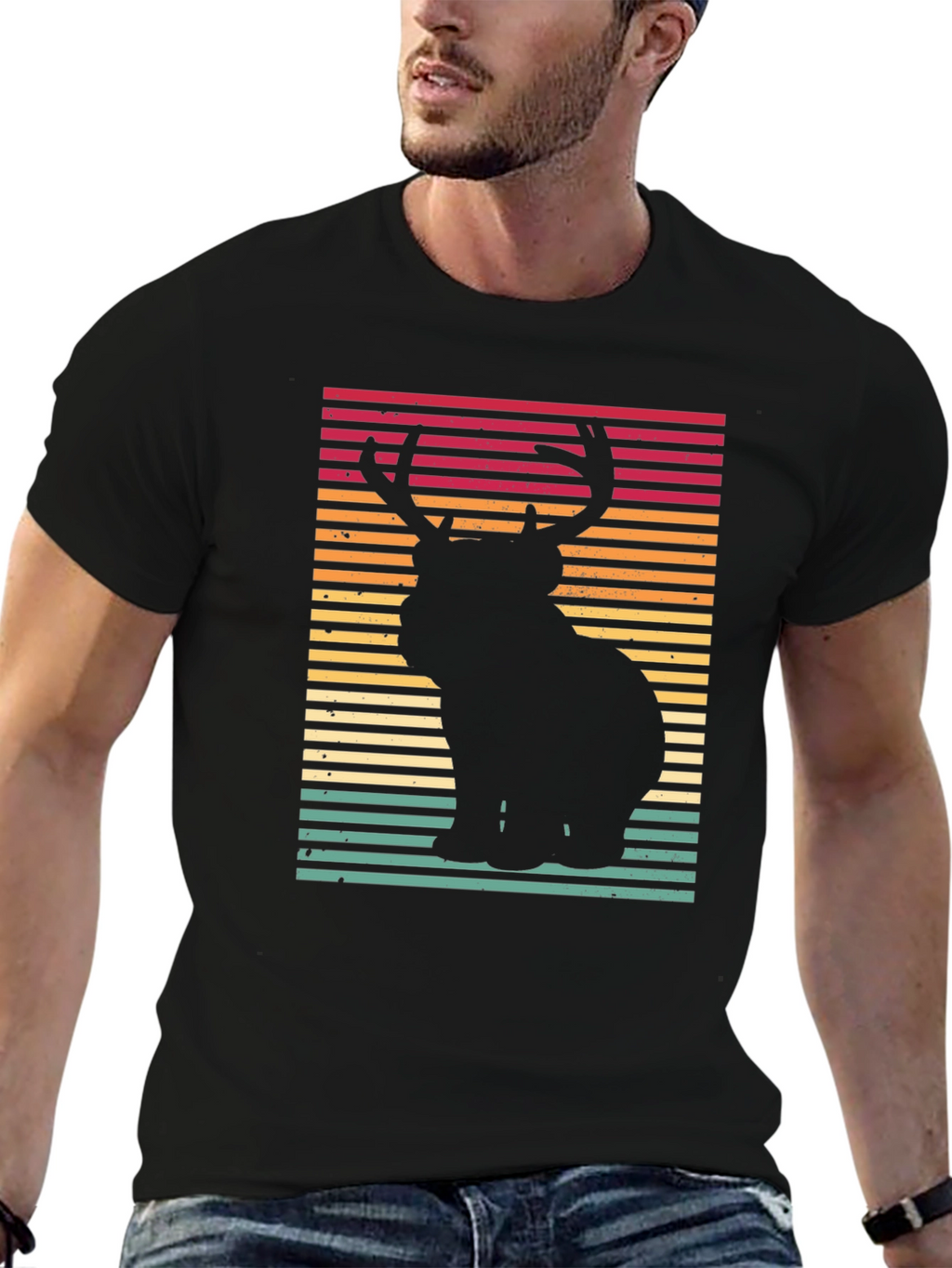Retro Bear Deer Graphic Tee - Black