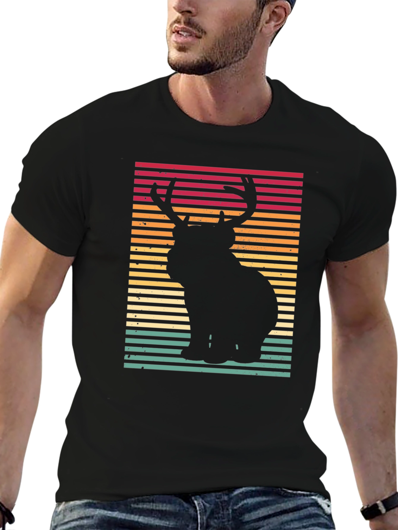 Retro Bear Deer Graphic Tee - Black