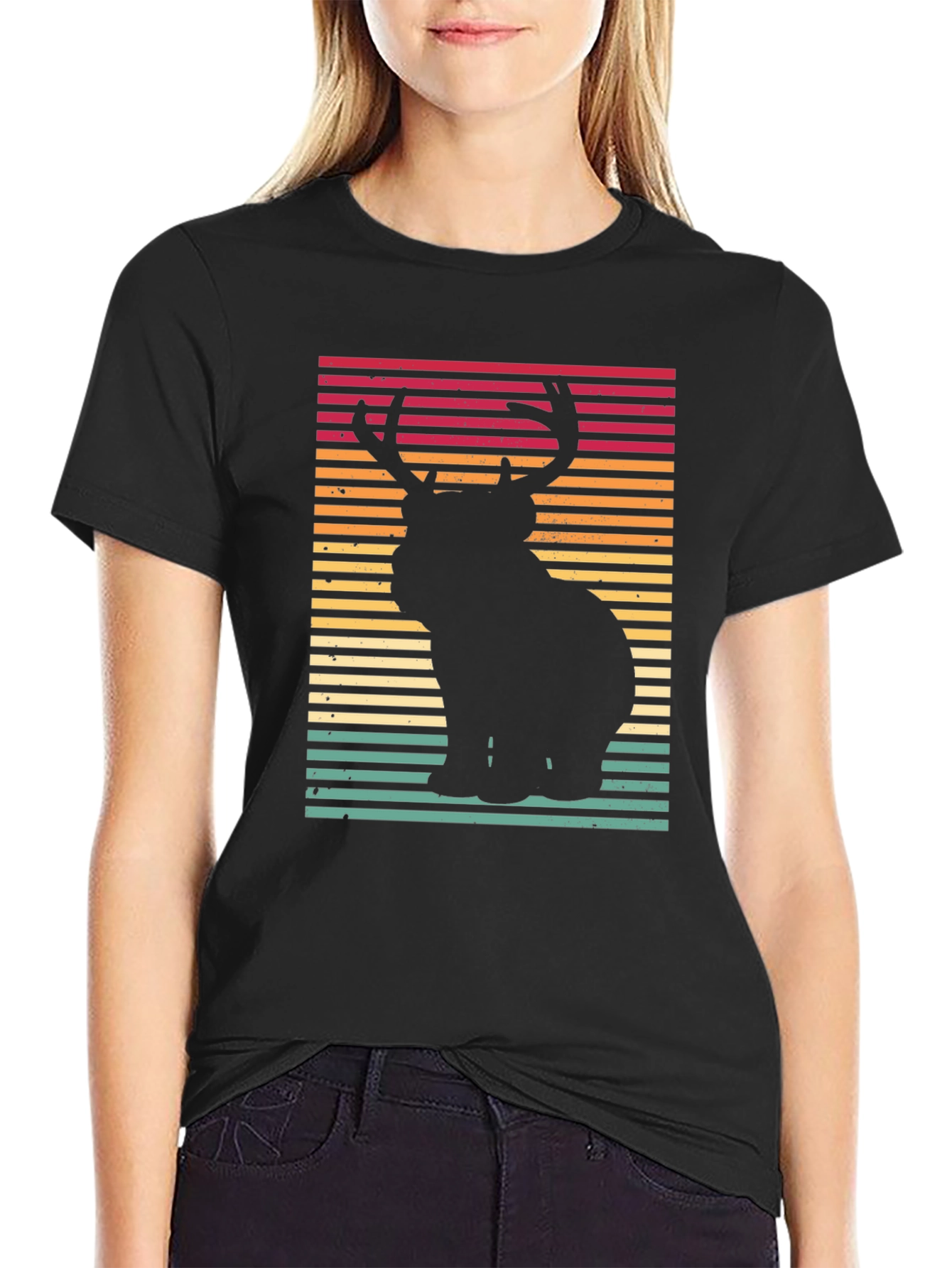 Retro Bear Deer Graphic Tee - Black