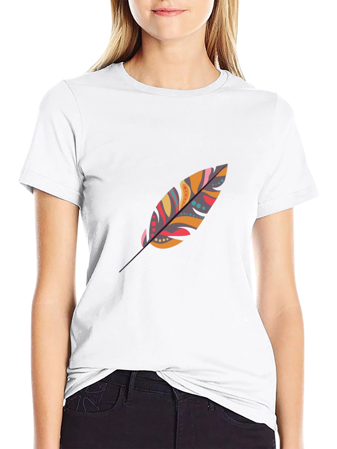 Feather Print Black Casual T-Shirt