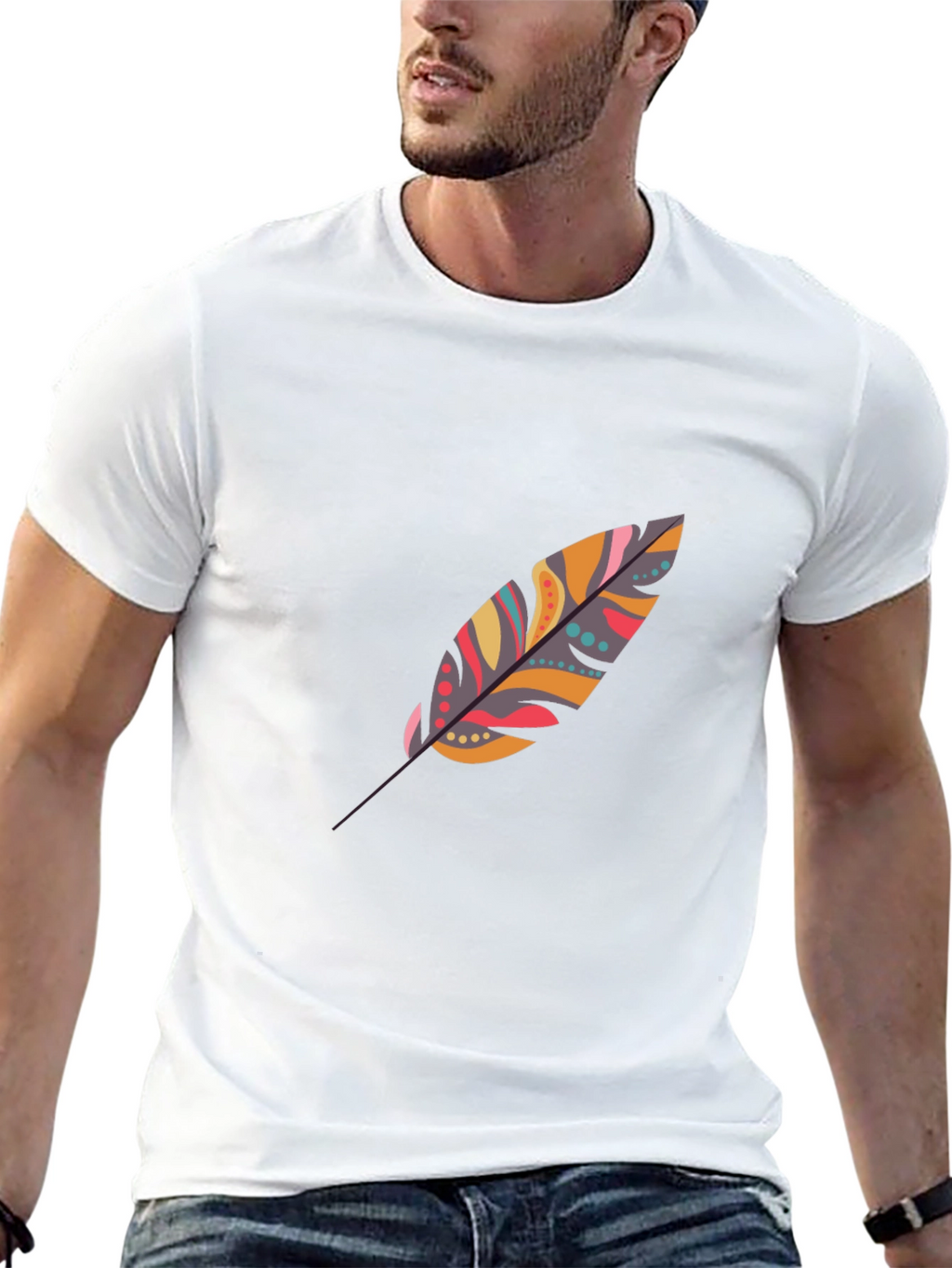 Feather Print Black Casual T-Shirt