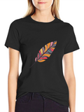 Feather Print Black Casual T-Shirt