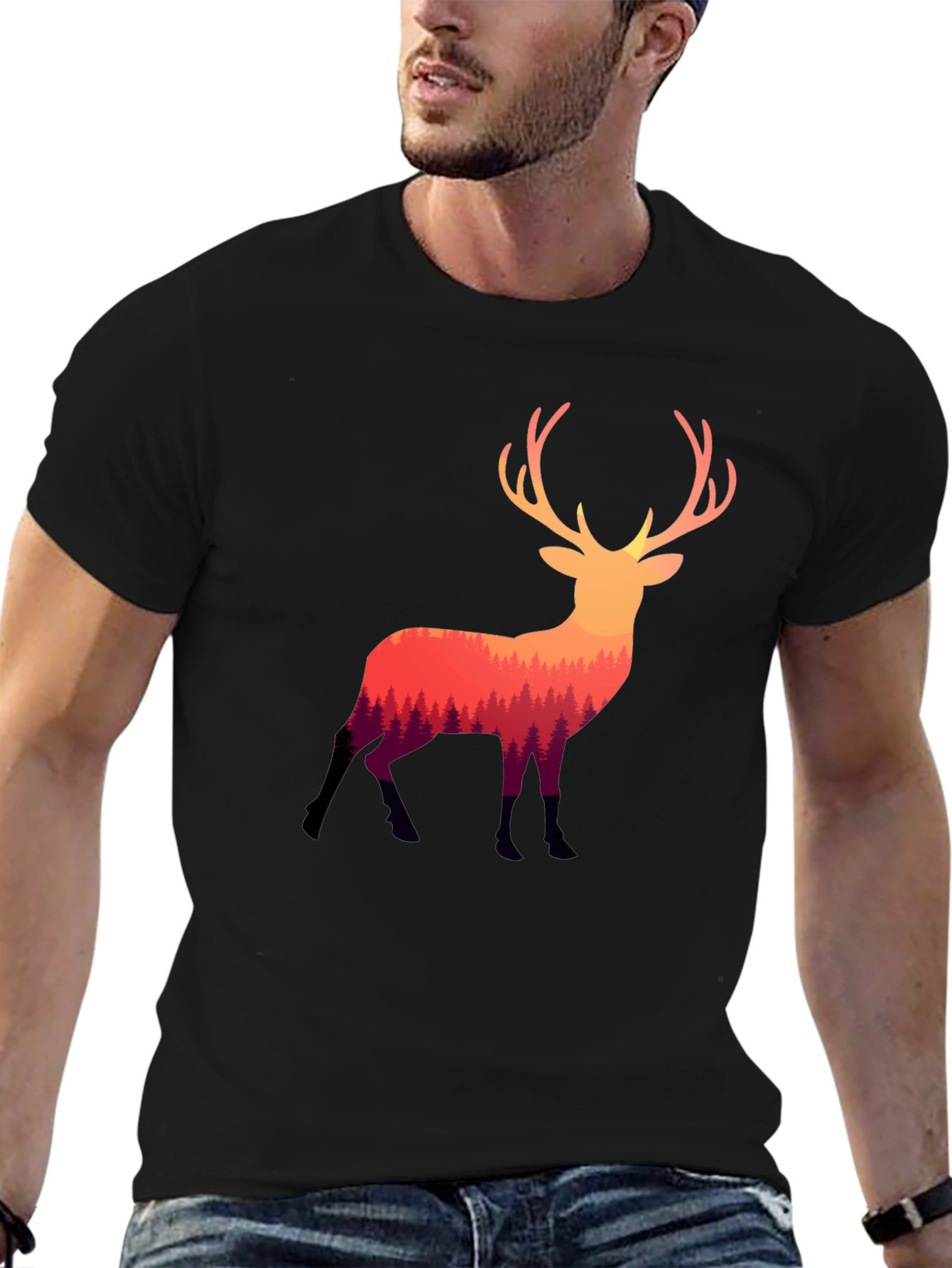 Nature Deer Graphic Tee - Stylish Mens Black T-Shirt
