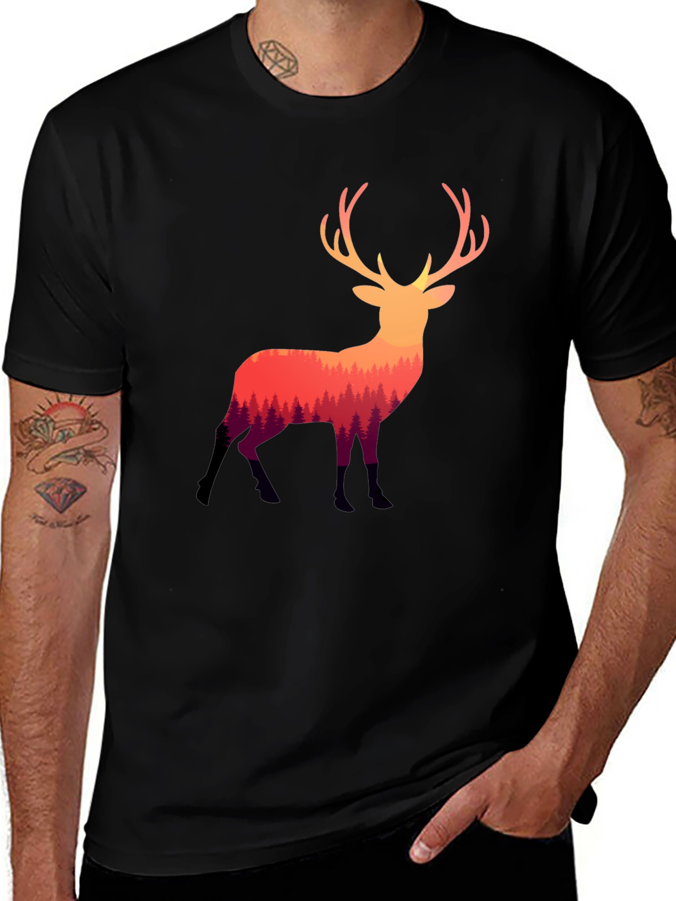 Nature Deer Graphic Tee - Stylish Mens Black T-Shirt