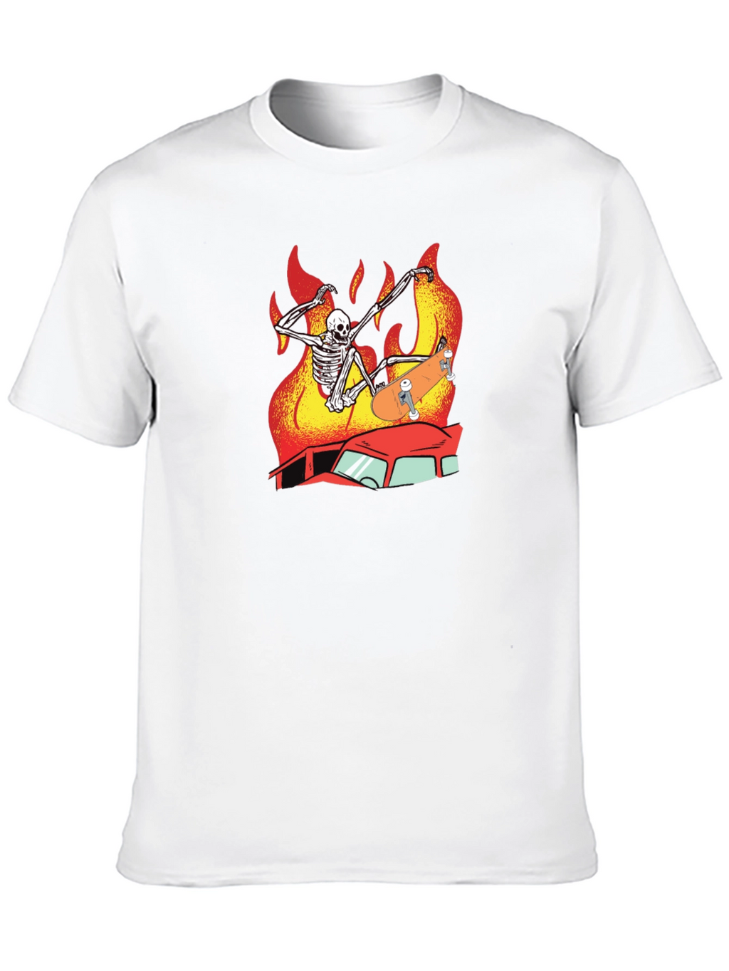 Skeleton Skateboard T-Shirt Burning Car Graphic Tee