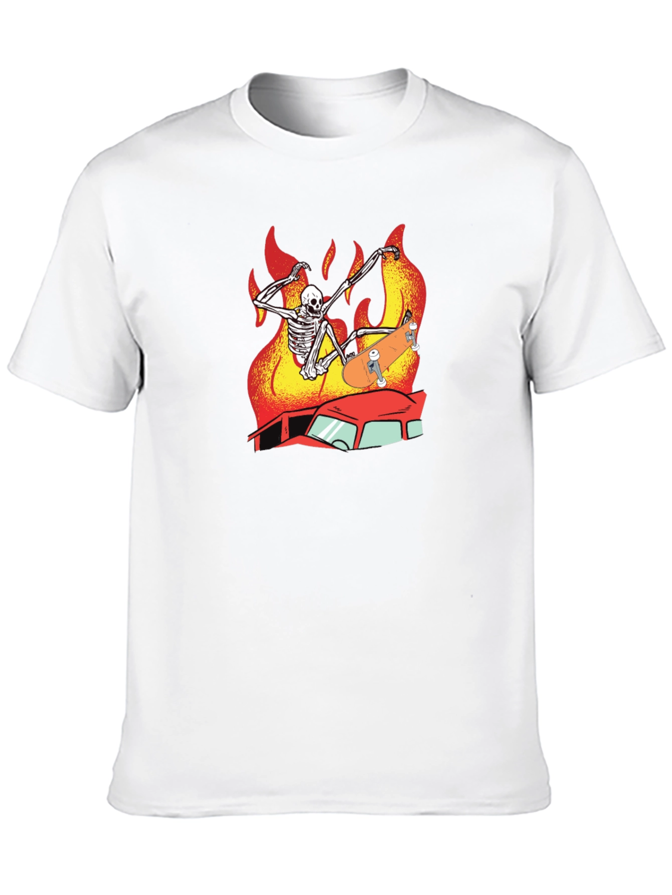Skeleton Skateboard T-Shirt Burning Car Graphic Tee