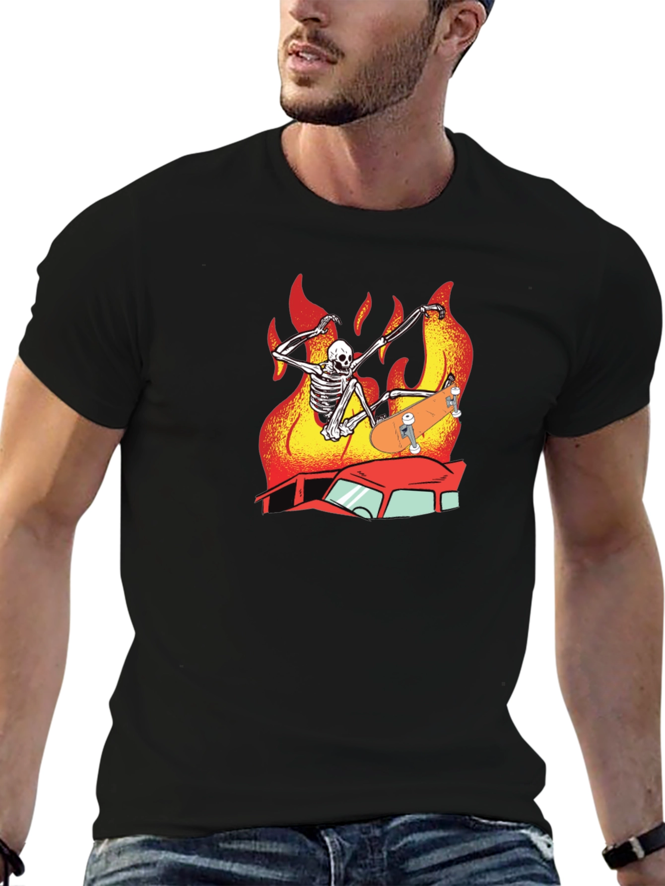 Skeleton Skateboard T-Shirt Burning Car Graphic Tee