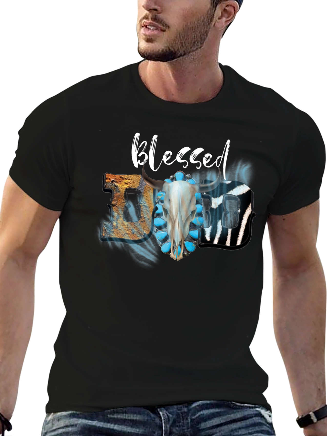 Blessed Graphic Tee - Turquoise & Skull Design