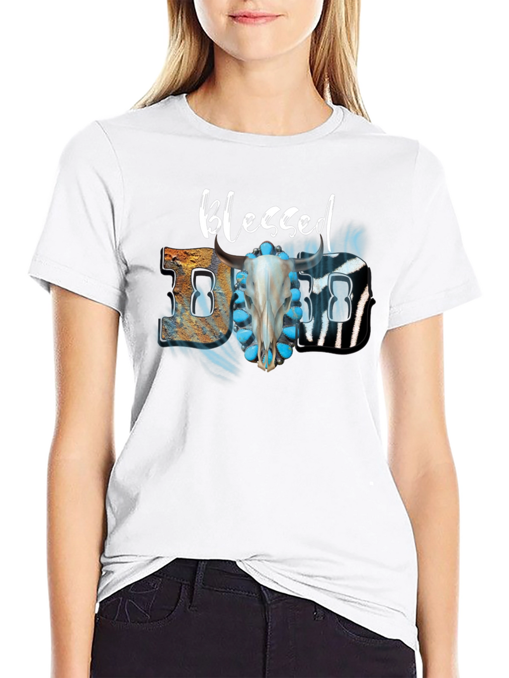 Blessed Graphic Tee - Turquoise & Skull Design