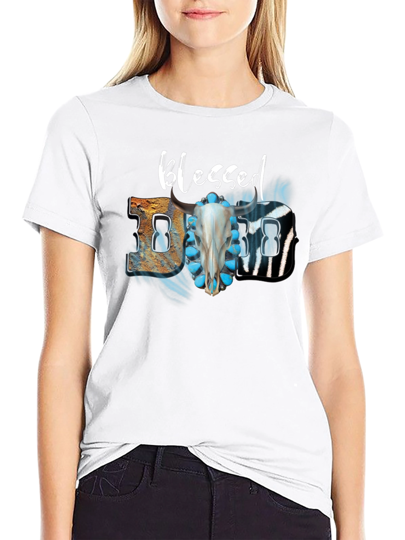 Blessed Graphic Tee - Turquoise & Skull Design