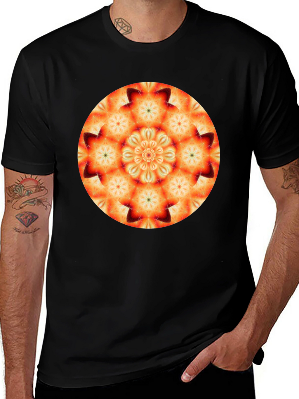 Orange Mandala T-Shirt - Geometric Pattern Black Tee