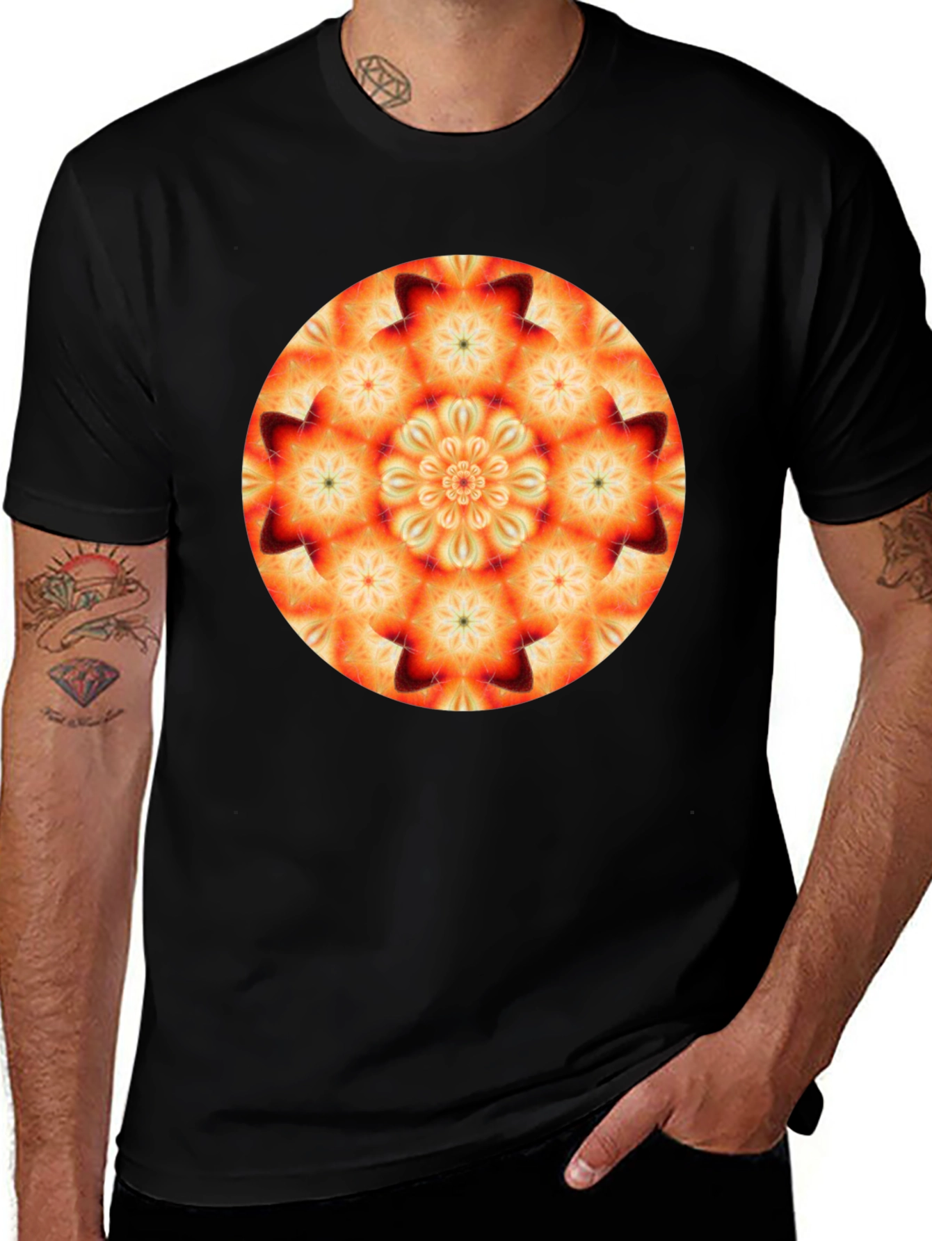 Orange Mandala T-Shirt - Geometric Pattern Black Tee