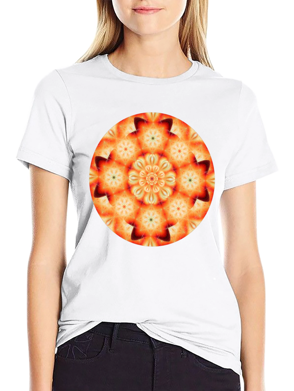 Orange Mandala T-Shirt - Geometric Pattern Black Tee
