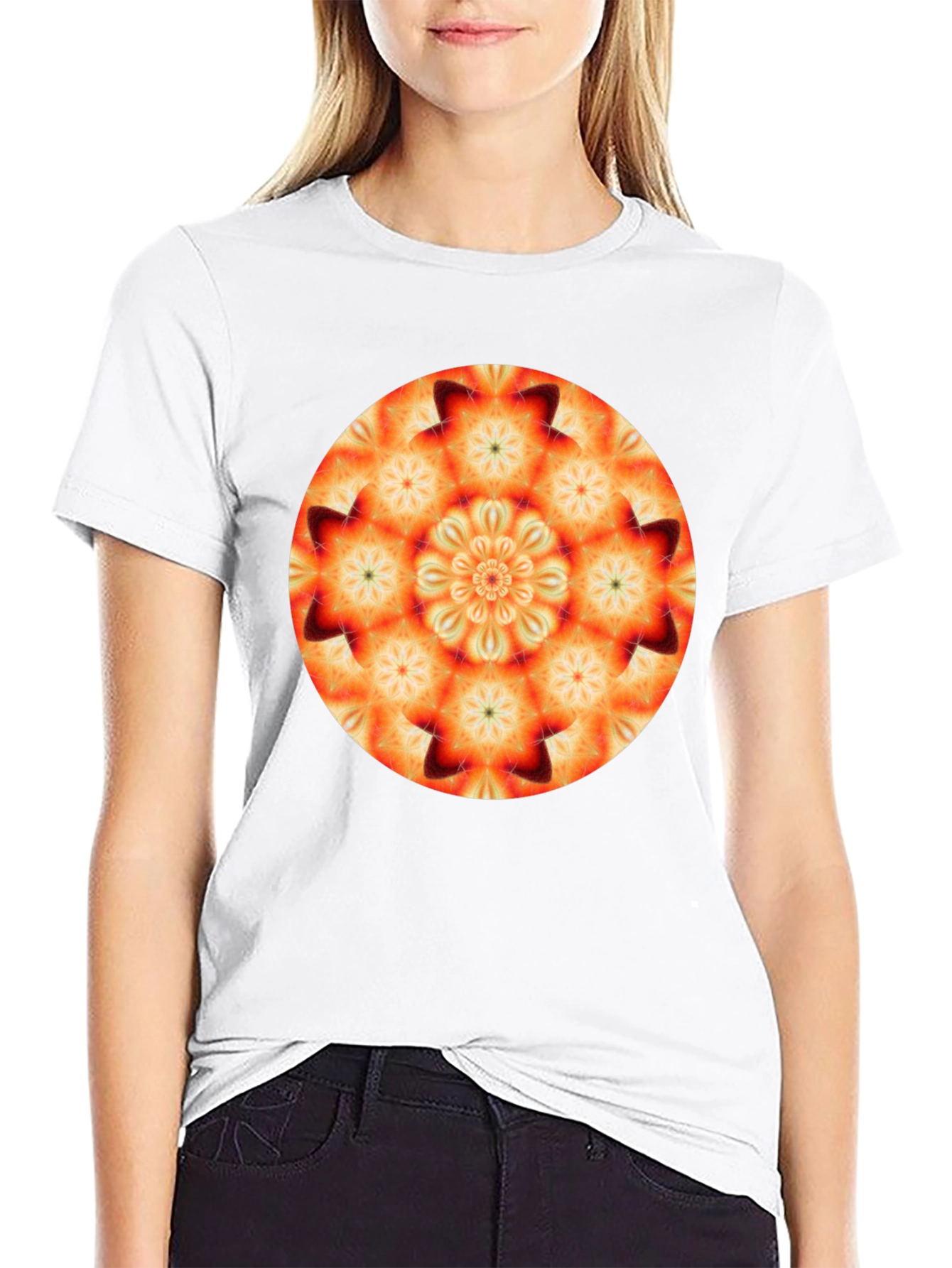 Orange Mandala T-Shirt - Geometric Pattern Black Tee