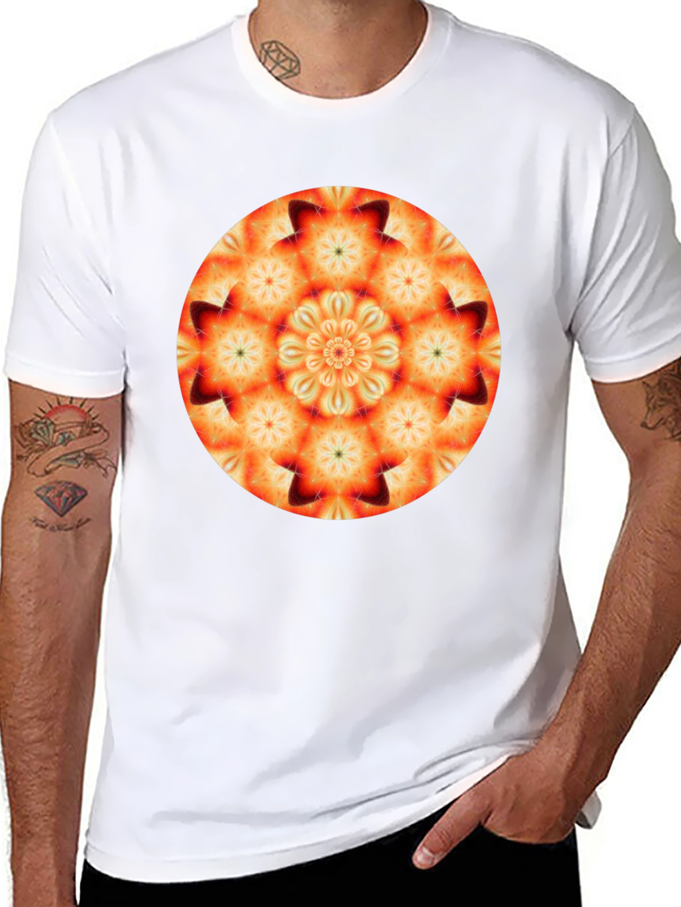 Orange Mandala T-Shirt - Geometric Pattern Black Tee