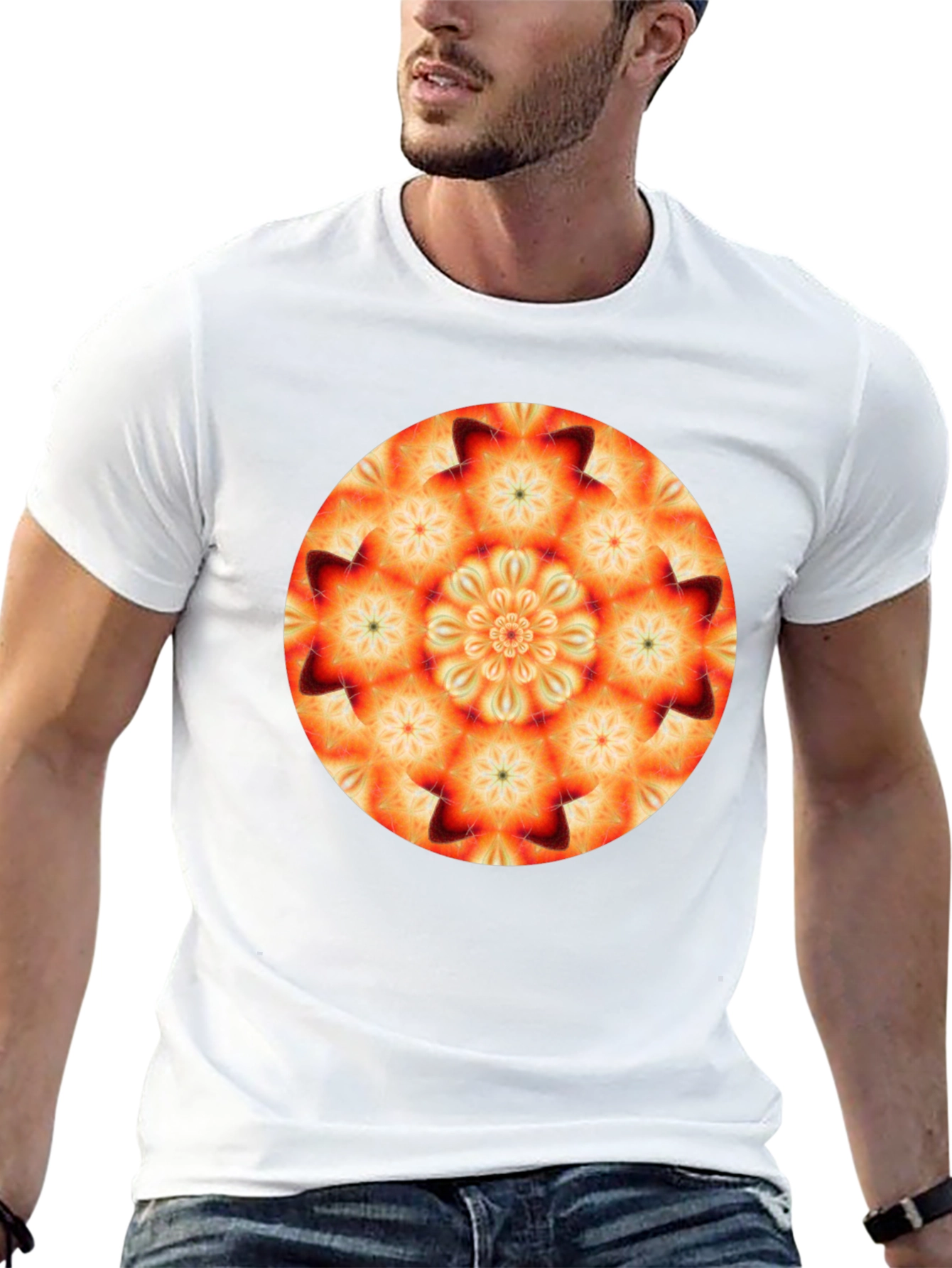 Orange Mandala T-Shirt - Geometric Pattern Black Tee