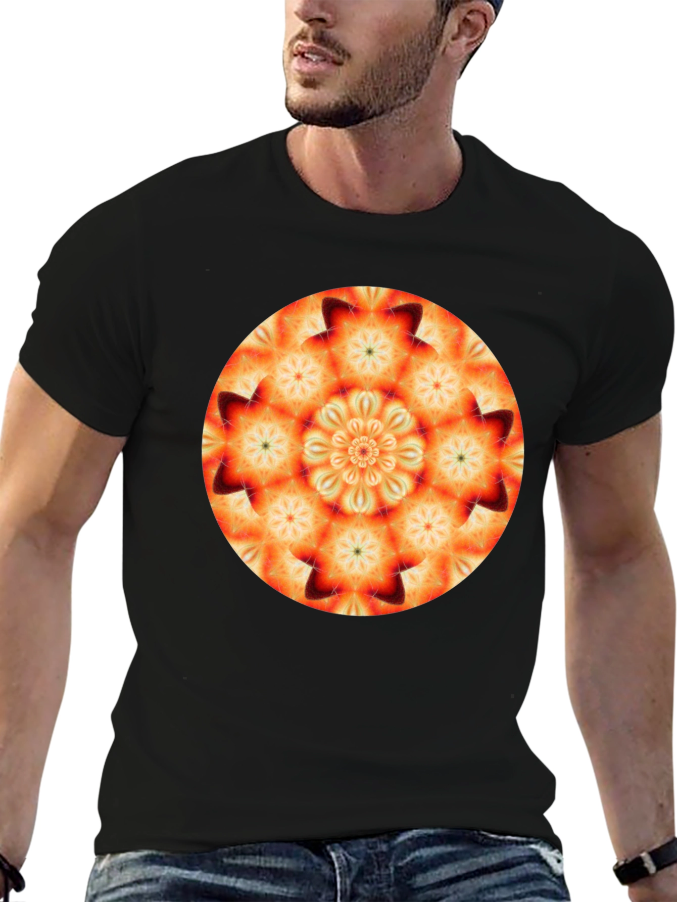 Orange Mandala T-Shirt - Geometric Pattern Black Tee