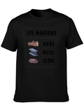Life Insurance Black T-Shirt Wood Metal Stone Design