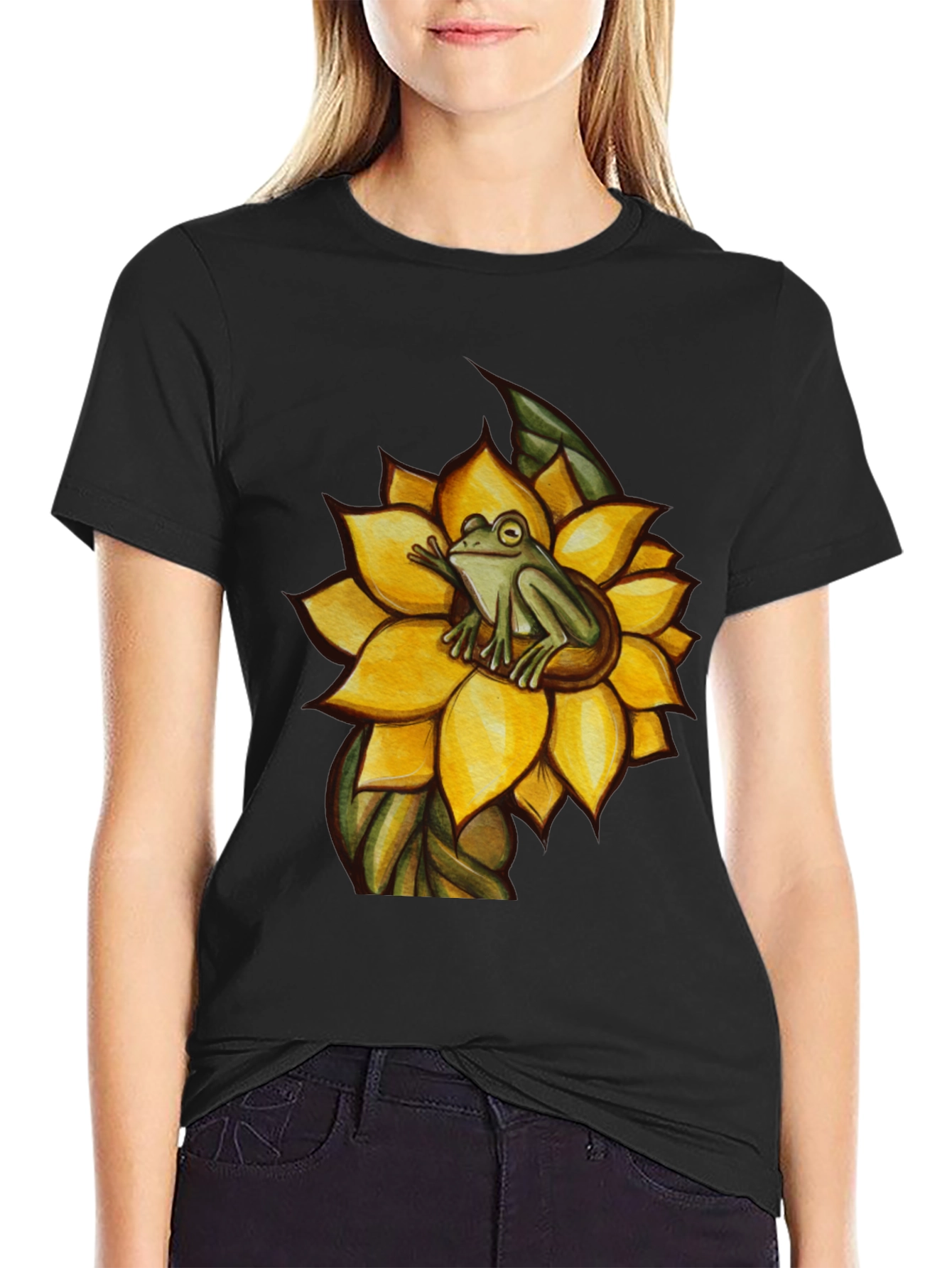 Frog on Sunflower Graphic T-Shirt