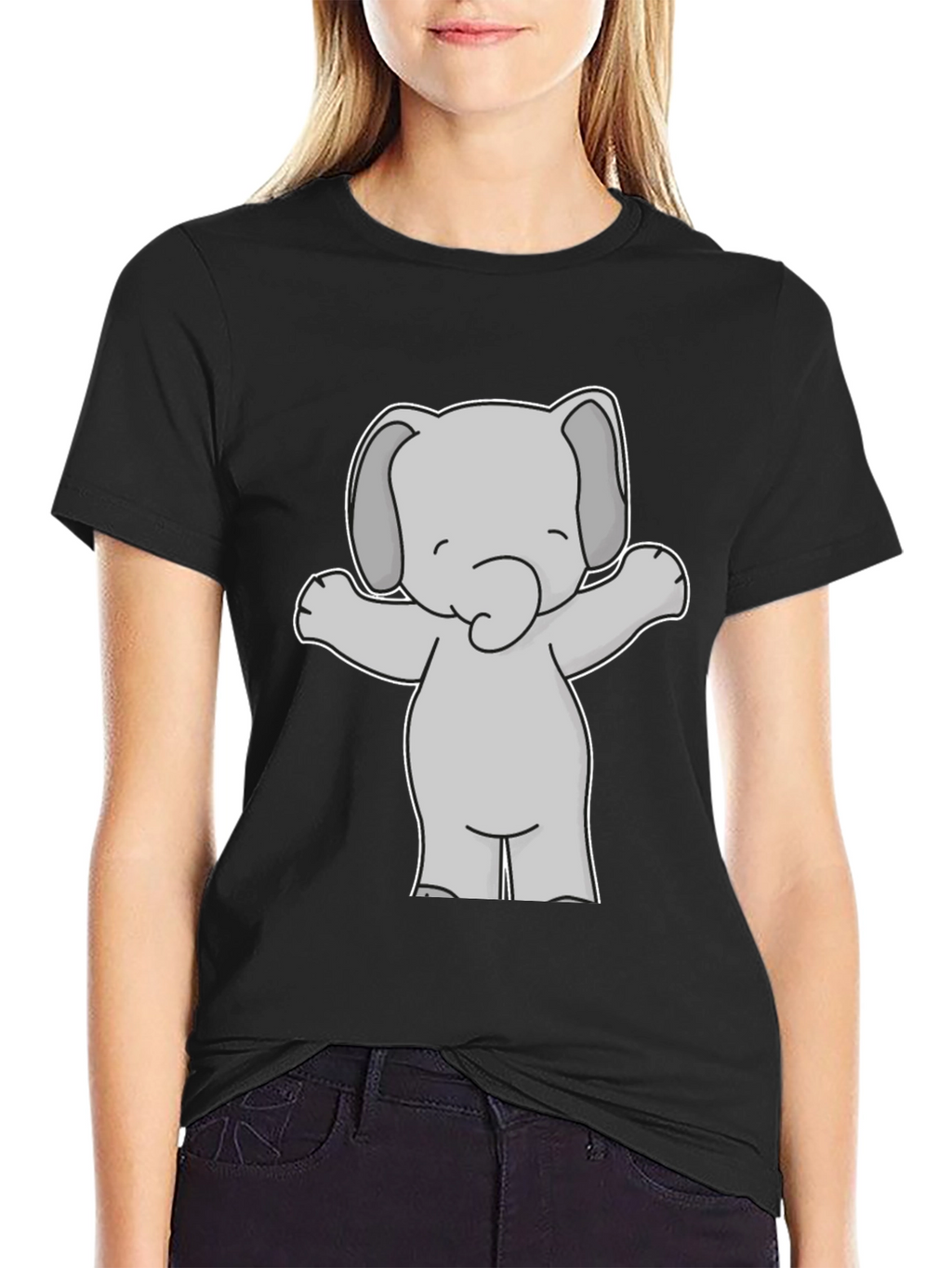 Cute Elephant Graphic Tee - Black Cotton T-Shirt