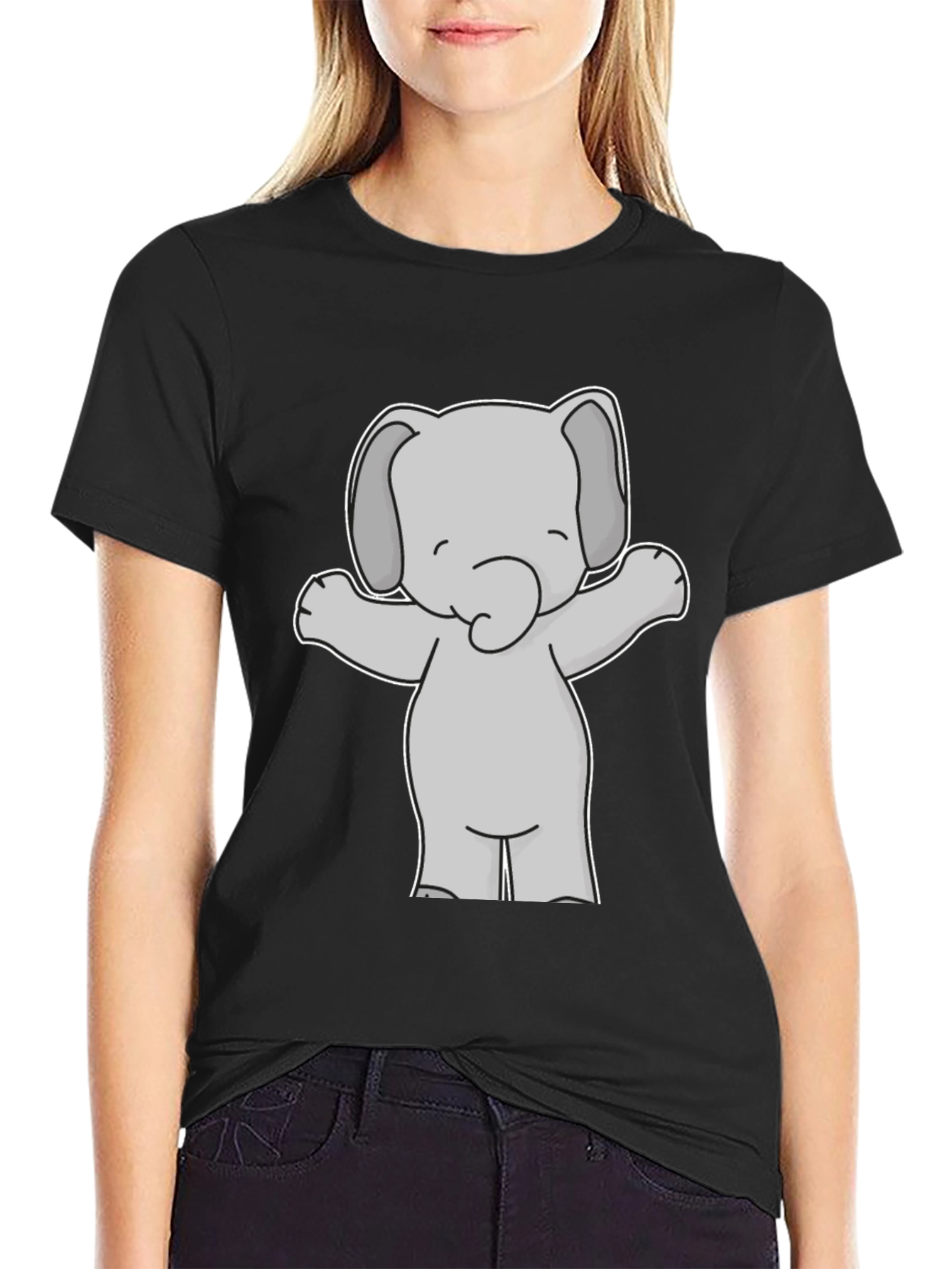 Cute Elephant Graphic Tee - Black Cotton T-Shirt